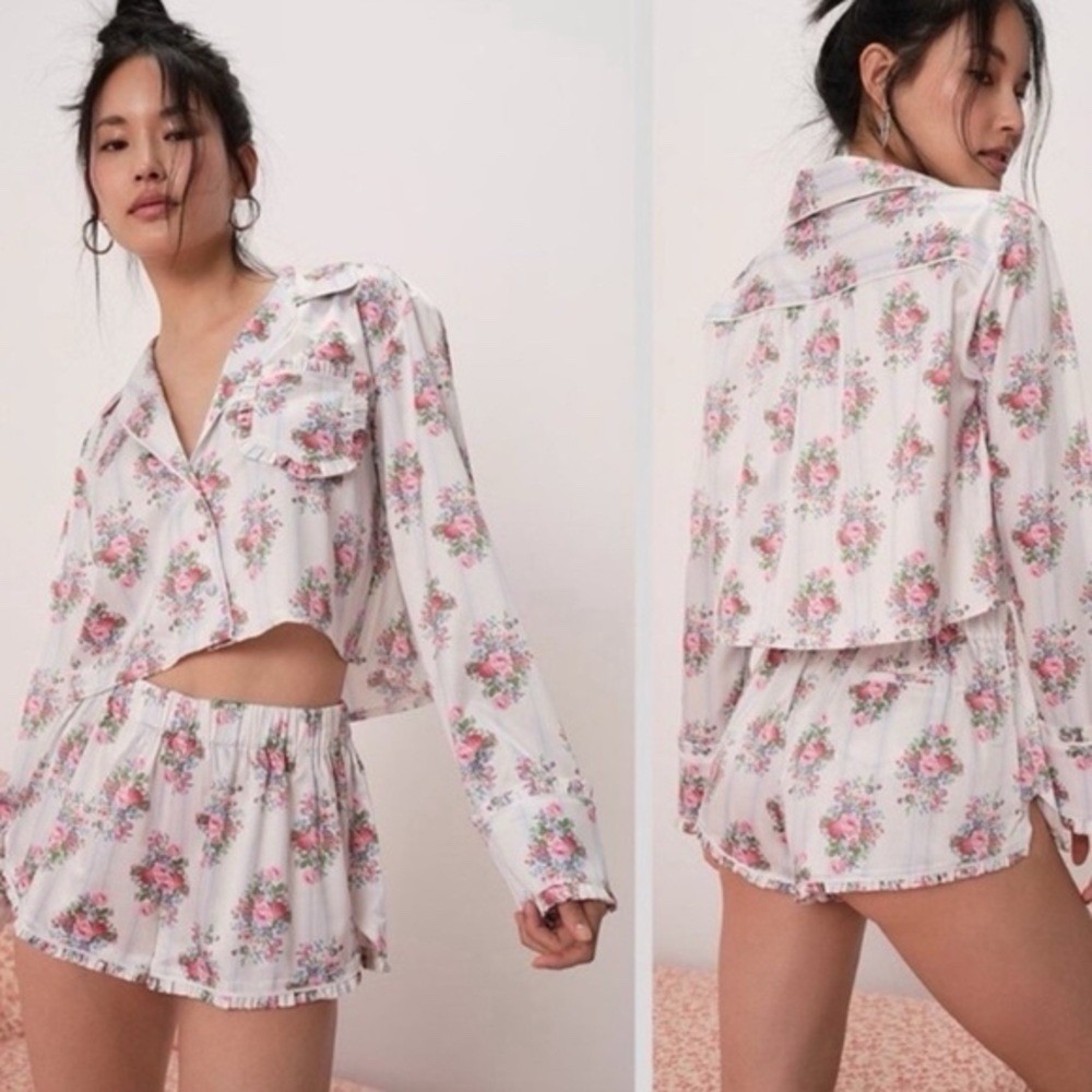 For Love and Lemons Satin Floral Ruffle Coquette Pajama Set Bridal Sleepwear XS